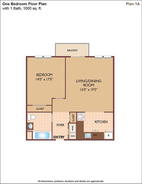 Floor plan for 1 bed, 1 bath, 1000 sqft
